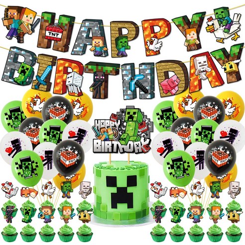 생일파티 용품 마인크래프트 파티풍선 세트 마크 생일 가랜드 생일풍선 생일파티, 1개, MC 테마