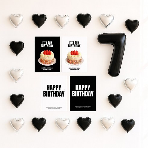 해피제이니 심플 이즈더 미니하트 20개 국산 생일포스터 숫자 호일풍선 생일 파티용품세트, 1세트, 블랙 숫자7