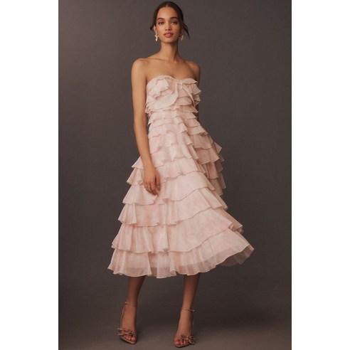 bhldn strapless midi ruffle dress BHLDN Strapless Tiered Ruffled Midi Dress