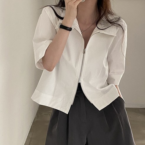 ANYOU 여성 여름 셔츠 레트로 핏 반팔 더블 지퍼 디자인 오버핏 캐주얼 상의