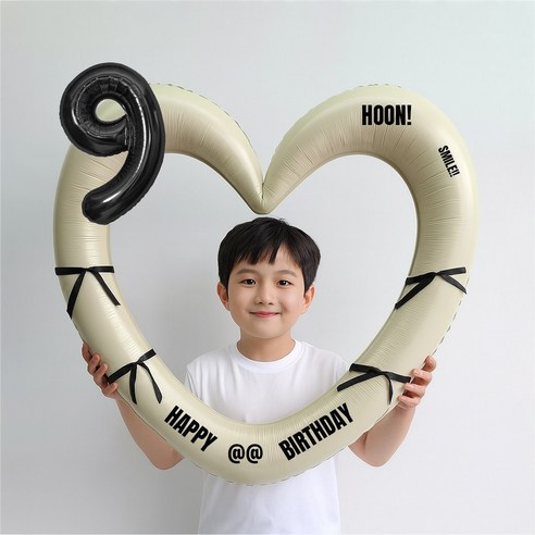 해피제이니 블랙 숫자 하트프레임 풍선 생일파티용품세트(프리레터링 시트지 포함) 포토존, 1세트, 9 크림하트