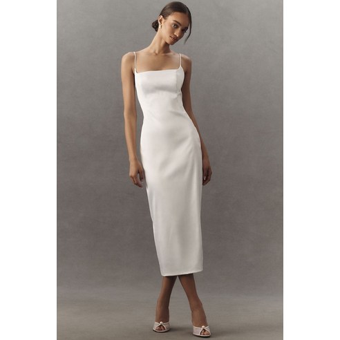 BHLDN Square-Neck Back-Slit Slim Satin Midi Dress -  |