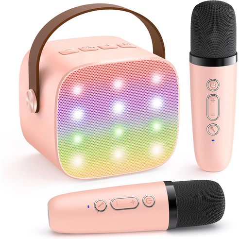 SUUNI 키즈 미니 블루투스 스피커 듀얼 마이크 USB 인식 LED 기능 어린이 노래방 선물, 1개, Pink