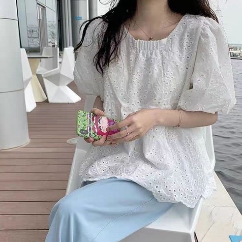루스리더 여성 레이스 라운드넥 반팔 루즈핏 블라우스 M800