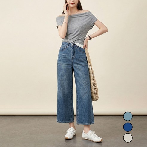 토보샵 8부 9부 봄 여름 와이드청바지 키작녀 화이트진 하이웨스트