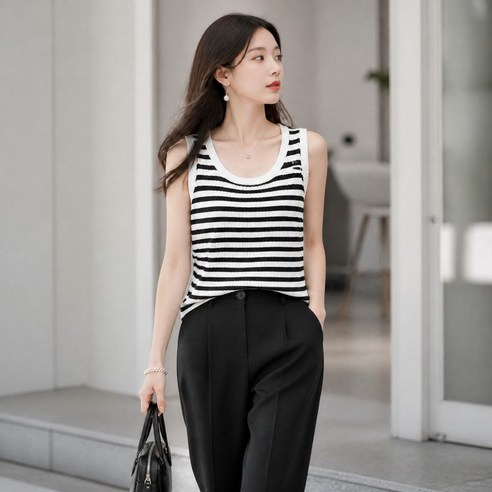 여성 니트 스트라이프 나시티 여름 프리미엄 빅사이즈 루즈핏 얇은 민소매 슬리브리스 티셔츠 데일리 캐주얼 시원한 상의
