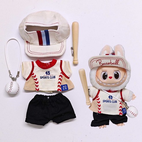 Labubu 라부부 인형옷 점퍼 1~3세대 호환 스포츠 스타일 5종 세트, 검정바지+야구모자+야구복+공+방망이, 1개
