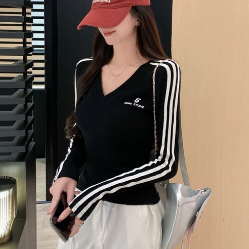 후암마켓 여성 슬림 브이넥 스포티 트랙 라인 자수 긴팔티