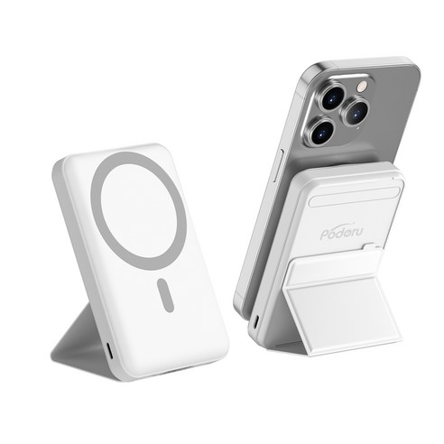 Podoru 맥세이프 보조배터리 PD22.5W 고속충전 10000mAh 대용량 무선 아이폰 보조베터리 휴대용 거치대, 화이트