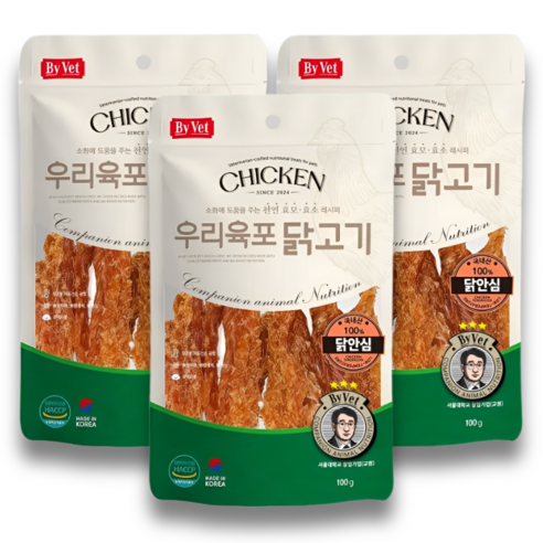 우리육포 국내산 강아지 간식, 닭안심, 100g, 3개
