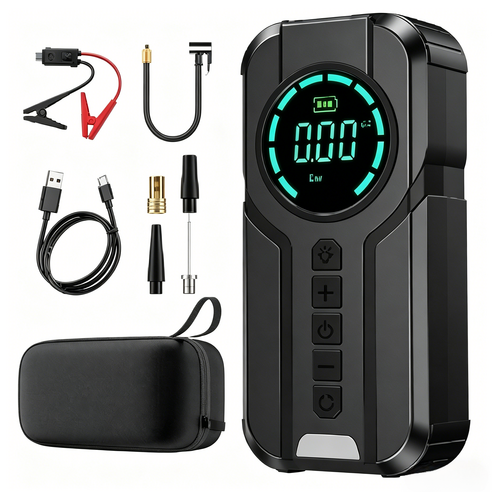 HELLOLEIBOO 다기능 차량용 에어 컴프레셔 6000mAh + 비상 점프 스타터 + 스마트 집게 + EVA 파우치, 블랙, 1개