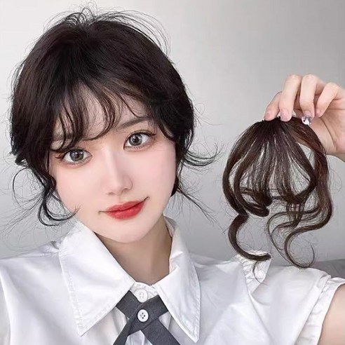 1+1 S컬 웨이브 앞머리 가발 헤어피스 베이비펌 부분가발 펌 시스루뱅 붙임머리 곱슬, 1개, 블랙+내추럴브라운