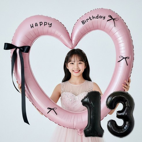 연지마켓 생일 하트프레임풍선 블랙 숫자 생일파티 용품 세트 (자유레터링), 1세트, 핑크하트 숫자 13