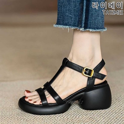 타이메이 여성용 소프트 가죽 굵은 굽 스트랩 샌들 키높이 여름 데일리 캐주얼 슈즈
