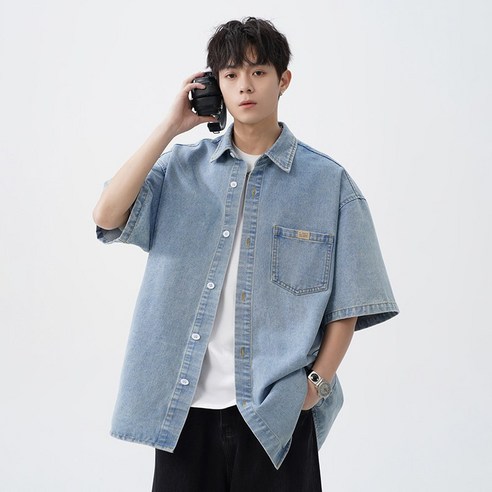 HANYO 남성 빈티지 워싱 캐주얼 루즈핏 데님 반팔 셔츠