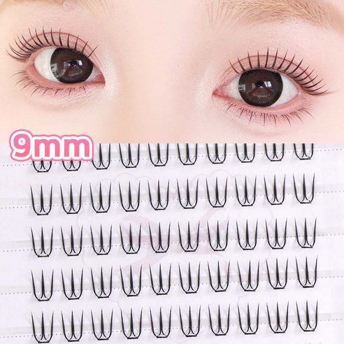 WooBerry 초경량 노글루 속눈썹 9mm U형 2in1 짧은 데일리 아이돌 포인트래쉬 풀이 필요없음 100PCS, 1개, 블랙