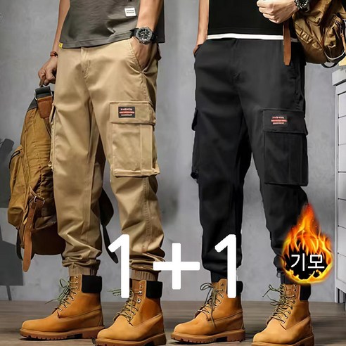 BIKASU 1+1 남성 겨울 캐주얼 기모 카고바지 빅사이즈 트레이닝 조거팬츠 오버핏 밴딩 카고팬츠