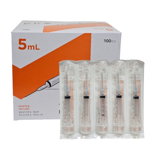 한국백신 일회용 주사기 5cc 23g 100p 멸균 개별포장 의료용 바늘, 100개, KOVAX-SYRINGE 5mL 23G 1