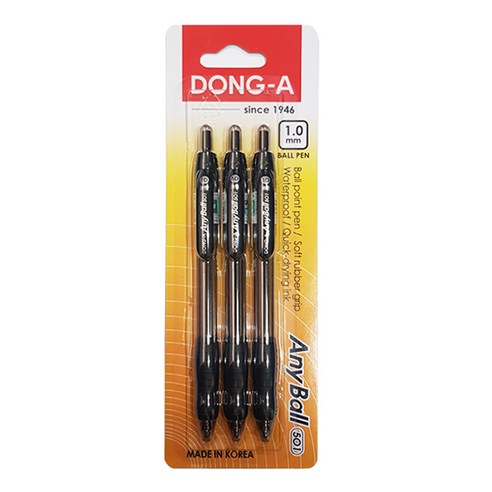 동아 애니볼 501 1.0mm 중성펜 검정 3개입 세트, 3개