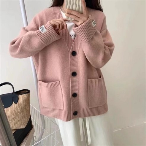 MINA STYLE 오버핏 브이넥 니트 가디건 루즈핏 단추 여밈 포켓 긴팔 데일리 여성용 아우터