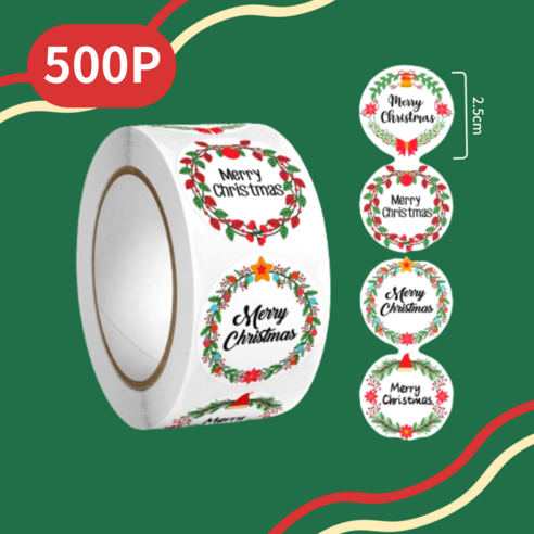 꾸밋 대용량 크리스마스 데코 롤 스티커 500P, 크리스마스리스, 1롤