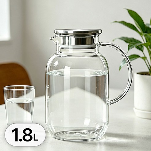 투데이리빙 1.8L 스텐 뚜껑 손잡이 내열 유리 저그 보냉병 보온병 카페 글라스 물병 보틀 차거름망 필터 홈카페 냉장고 유리병, 1개, 투명