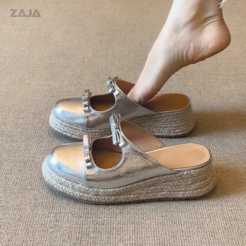 ZAJA 여성 여름 슬립온 실버 샌들 키높이 슬리퍼 샌들