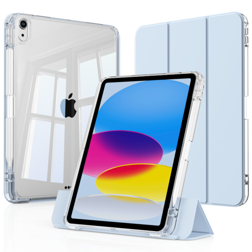 AOUB iPad 보호 케이스 펜 슬롯 4코너 에어백 보호 낙하 방지 및 굽힘 방지 분리형 내마모성 고화질 투명 아크릴 백 커버가 있는, 하늘색, 1개