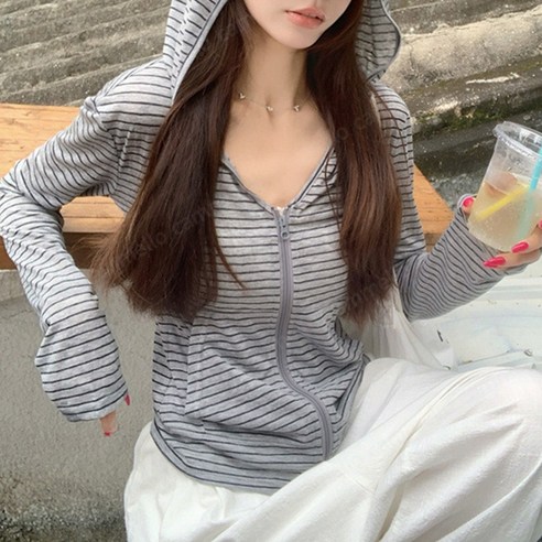 cammello 후들 시스루 슬림핏 스트라이프 후드집업 가디건 여름 살안타템 장마템