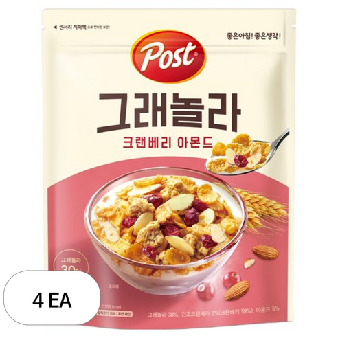 포스트 크랜베리 아몬드 그래놀라, 500g, 4개
