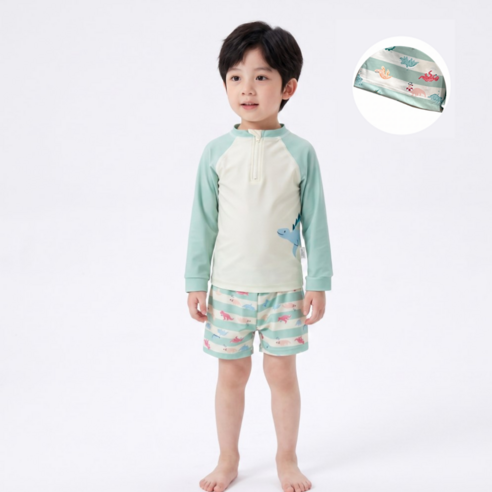 서브22 남아 아동 수영복 공룡 상어 래쉬가드 상하의 수영모 3종 세트