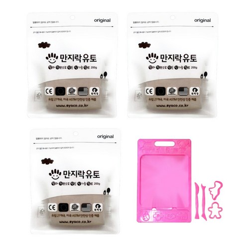 굳지 않는 만지락 유토 200g x 3개 + 찰흙판 2종도구 2종찍기 세트, 분홍, 1세트