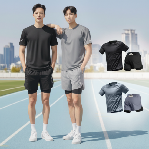 BYMSPORT 남자 런닝복 스포츠웨어 상하 운동복 세트 ( 반팔+투인원 반바지) 1+1