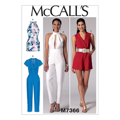 McCall's PATTERN 패턴s M7366 Misses' 플리츠 서플리스 또는 플런지 넥라인 롬퍼 점프수트 및 벨트 사이즈 ...