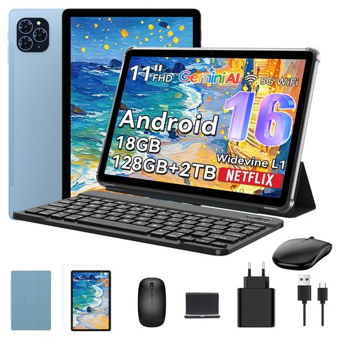 TABWEE 2026 최신형 태블릿 Android16 Gemini AI 11인치 태블릿PC 18GB +128GB 2TB확장 옥타코어 게이밍 테블릿 pc 9in1 키보드세트, Wi-Fi, 128GB, 파란색