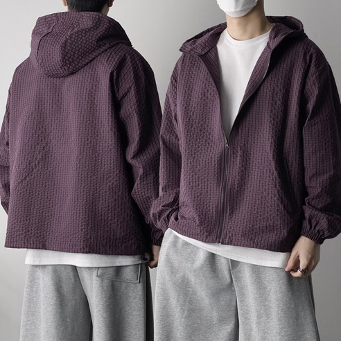 오프앤 스트링 체크 오버핏 후드 집업 바람막이