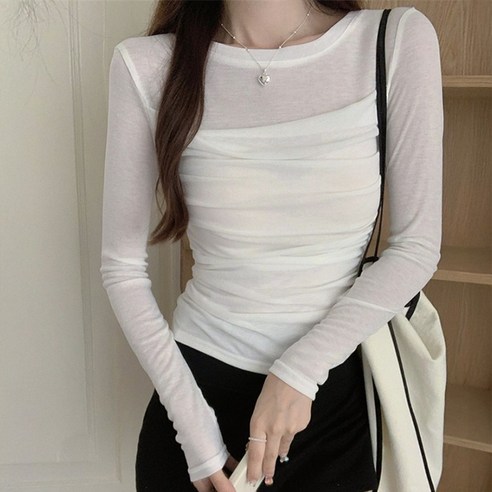 cammello 꾸안꾸 시스루 레이어드 슬림핏 셔링 티셔츠 여성 긴팔티