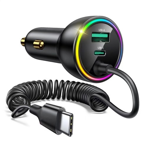 BuddhiGear 차량용 시거잭 고속충전기 Type-C 케이블 내장 USB-A+Type-C 듀얼포트 RGB 무드등 지원, 블랙, CC1