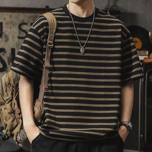 해피유통 남성 빈티지 티셔츠 캐주얼 스트라이프 반팔 티 jhz