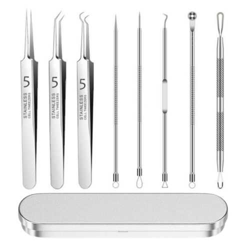 니드닛 피지 압출기 블랙헤드 제거기 8종 세트 핀셋 큐렛, 1세트, 실버