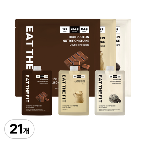 잇더핏 단백질 쉐이크 3주플랜 (더블초코맛 1주+미숫가루맛 1주+쿠키앤크림맛 1주), 3개, 280g