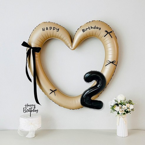 연지마켓 생일 하트프레임풍선 블랙 숫자 생일파티 용품 세트 (자유레터링), 1세트, 베이지하트 숫자 2
