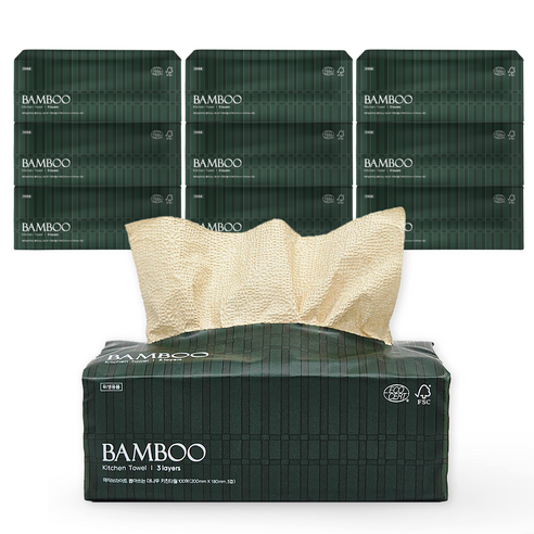 매직브라이트 BAMBOO 도톰한 3겹 뽑아쓰는 대나무 키친타올 뱀부 국산 무표백 무형광 먼지없는 흡수력 주방 키친타월 대용량, 10개, 100매