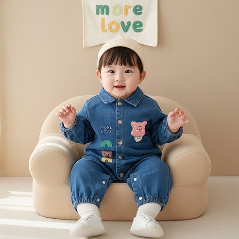 몽실이 데님 카라 우주복 아동 유아용 봄 가을 외출복 올인원 점프수트 남아 여아 커플룩