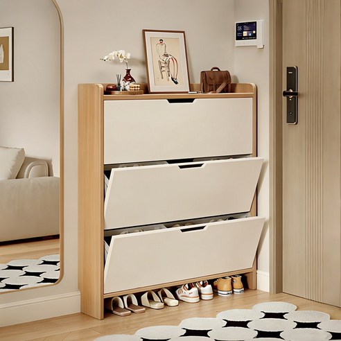 Zzang Room 현관 신발장 틈새 수납 신발장 신발정리대, 3단, 원목색 80cm