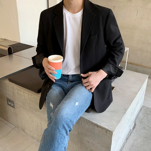 ANYOU 남자 정장 코트 투버튼 자켓 블랙스판 캐주얼 남자 정장 하객룩