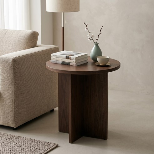 LINKHOME 감성 원목 원형 사이드테이블 소파 미니 협탁 (간편조립/십자다리) 다크월넛 높이54cm, 다크 월넛