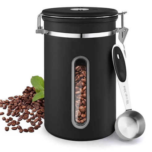 SMABAT 원두 캐니스터 1.8L 대용량 밀폐용기 304스텐 진공 캐니스터 계량스푼 포함, 1개, 블랙