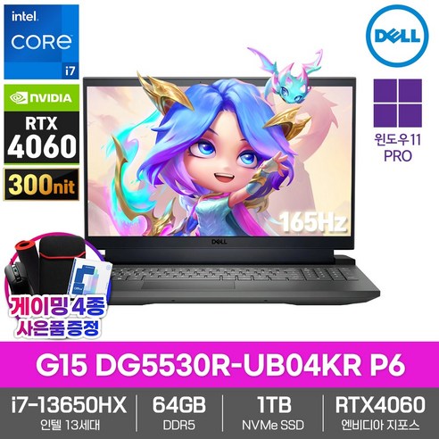 DELL G15 DG5530R-UB04KR 게이밍 노트북 인텔 i7 RTX 4060 윈도우11 고성능 인강용 업무용 영상 편집 게임용, WIN11 Pro, 64GB, 1TB, 다크 섀도우 그레이