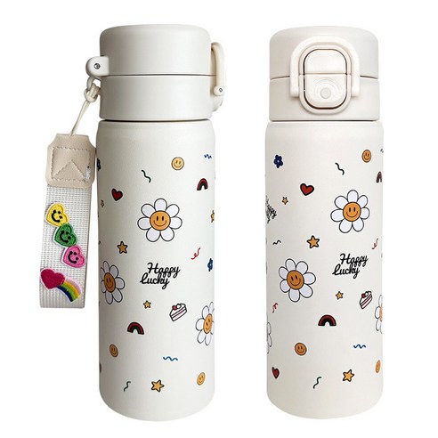 바이코코 DIY 스트랩 스마일 데이지 보온 보냉 스텐 예쁜 손잡이 빨대 텀블러, 1개, 500ml, 크림아이보리